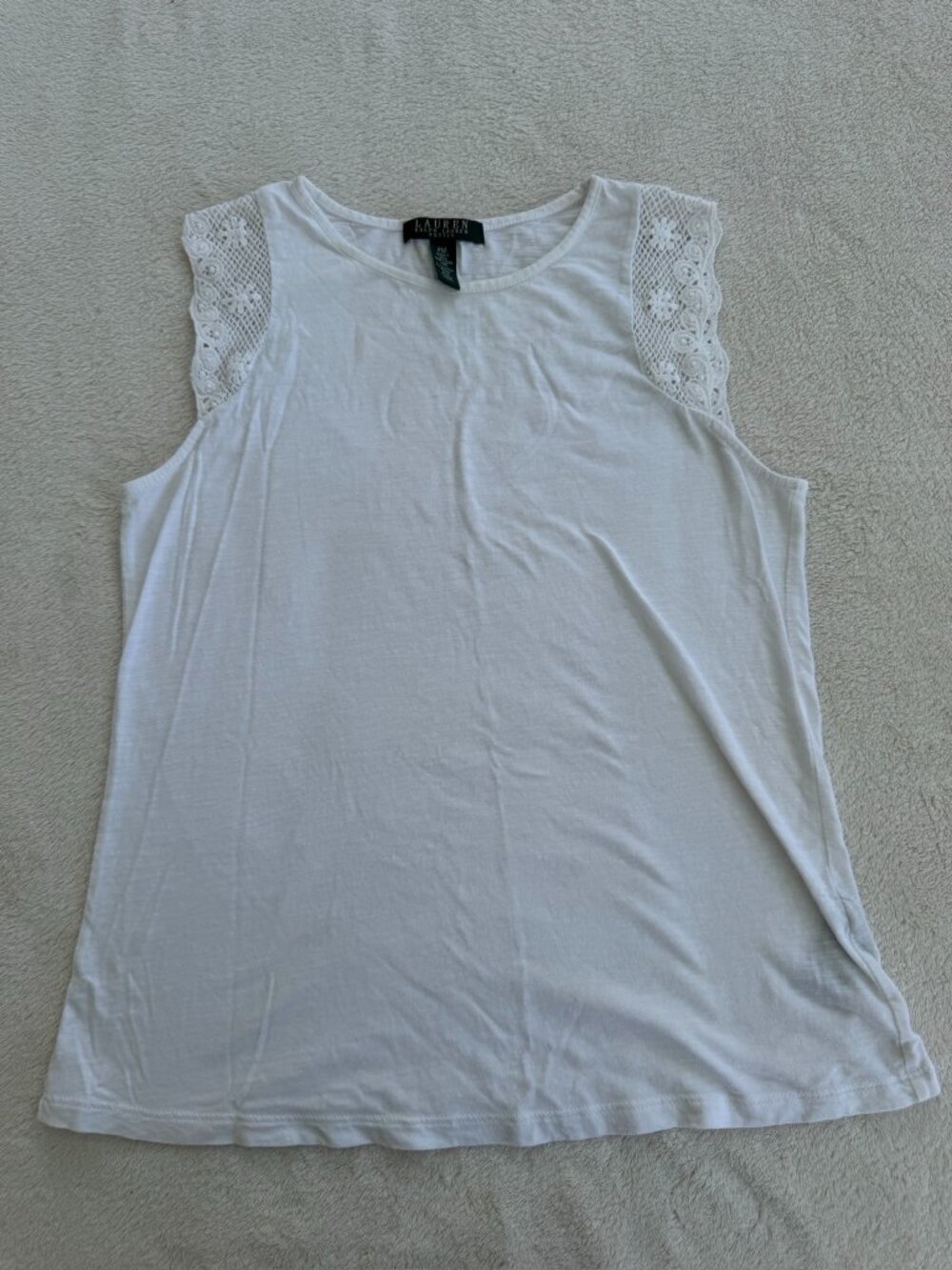 Lauren Ralph Lauren White Sleeveless Top Crochet Lace Trim Size PM